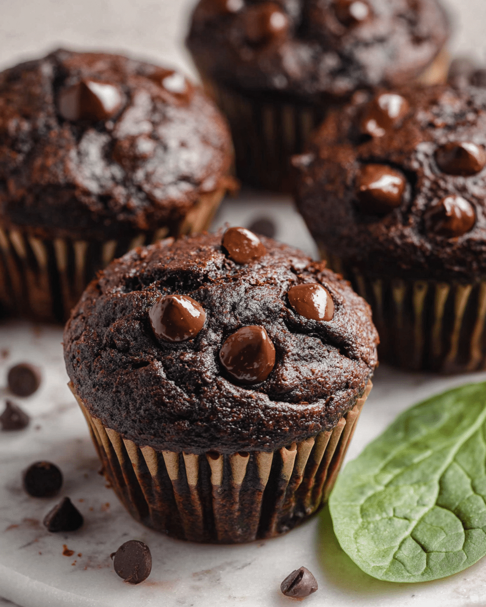 The image shows several dark chocolate muffins with a rich, moist texture, each topped with glossy chocolate chips that melt slightly into the surface. The muffins have a dense, cracked top layer with deep brown color, sitting inside thin brown paper liners. Some chocolate chips are scattered around the muffins on a white marbled surface, along with a single bright green spinach leaf resting near the bottom right corner. The close-up view highlights the soft, dense crumb and shiny chip toppings on the muffins. Photo taken with an iphone --ar 4:5 --v 7