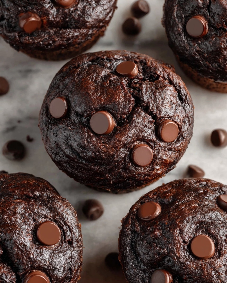 The image shows several thick chocolate muffins with a dark, rich, and slightly shiny texture. Each muffin has large, smooth, dark brown chocolate chips scattered on top and embedded slightly into the surface. The muffins look soft and moist with cracks and folds visible on their tops, arranged close together on a white marbled surface. The chocolate chips contrast with the darker muffin base, creating a layered look of deep brown and lighter brown. photo taken with an iphone --ar 4:5 --v 7