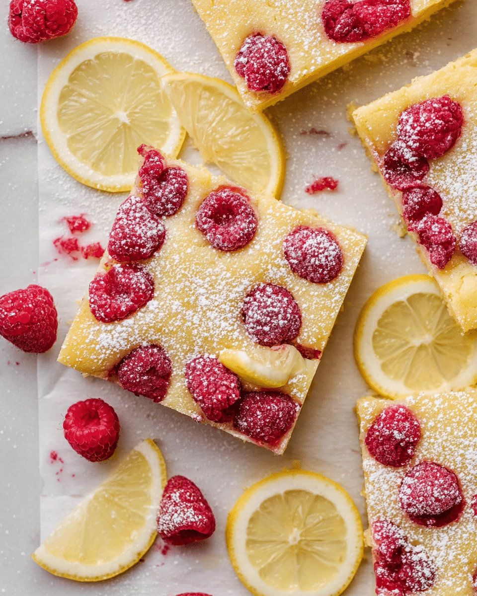 The image shows square lemon raspberry bars with a soft yellow base layer that looks moist and cake-like. Each bar is topped with bright red raspberries that are fresh and plump, placed randomly on the surface. A light dusting of white powdered sugar covers the top, adding a fine texture contrast. Around the bars, there are thin lemon slices with bright yellow skin and translucent flesh, placed on a white marbled texture. Some lemon wedges are also scattered, adding fresh color and detail. The bars and fruit are arranged neatly on white parchment paper. photo taken with an iphone --ar 4:5 --v 7