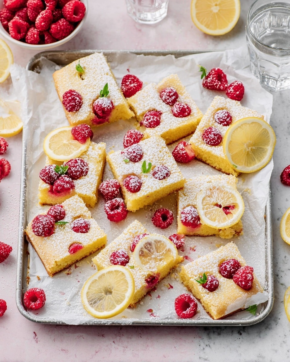 Nine square pieces of yellow cake with a soft, moist texture lay scattered on white parchment paper atop a metal tray. Each cake piece is dotted with bright red raspberries, some whole and some slightly embedded inside, all dusted with a light layer of white powdered sugar. Thin, translucent yellow lemon slices and wedges are artistically placed on and around the cake squares. The background features a white marbled surface with a small white bowl filled with raspberries and a glass of water nearby. The whole scene shows a fresh, vibrant dessert setting. photo taken with an iphone --ar 4:5 --v 7