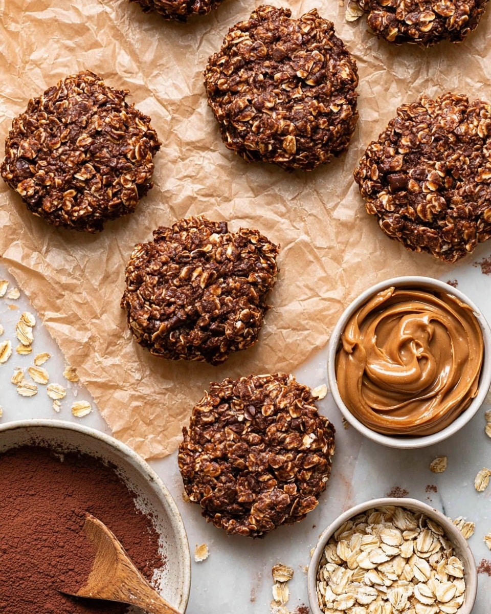 The image shows several round, thick cookies made mainly of oats and chocolate, with rough, textured surfaces from the oats visible throughout. These cookies are laid on crinkled parchment paper over a white marbled surface. There are two small white bowls on the right side: one filled with creamy, smooth brown peanut butter, and the other with raw rolled oats. At the bottom left, a white bowl contains rich, dark brown cocoa powder with a small wooden spoon resting inside. The scene gives a homemade, cozy feeling with a focus on natural ingredients. photo taken with an iphone --ar 4:5 --v 7