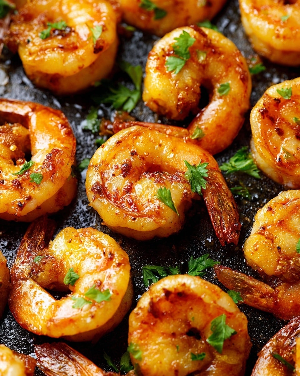 The image shows a close-up of cooked shrimp arranged closely together on a black pan. Each shrimp is golden orange with a slightly crispy texture and some darker browned spots, indicating they have been sautéed or grilled. Small green parsley leaves are scattered over the shrimp, adding a fresh contrast to the warm tones of the shrimp. The shrimp have a curved shape, and some tails are visible, with a slight shine from oil or butter on the surface. The background is a white marbled texture. photo taken with an iphone --ar 4:5 --v 7