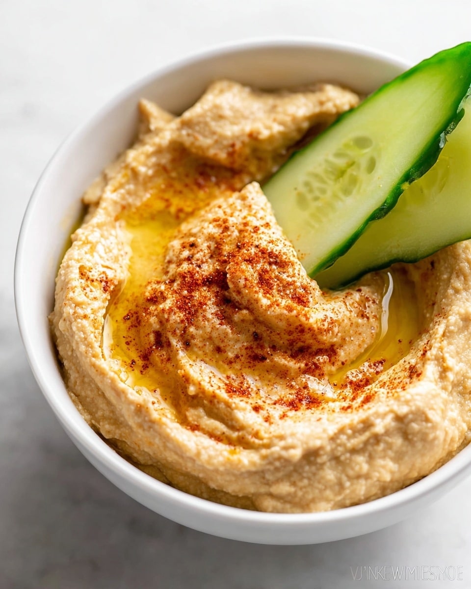 A close-up of a white bowl filled with creamy, light beige hummus that has a smooth yet slightly textured surface. The hummus is swirled in the middle, creating small peaks and valleys, and is sprinkled with reddish paprika powder. Golden olive oil pools in some of the hollows of the hummus. A thick slice of bright green cucumber with a darker green peeled edge is placed upright, partially dipped into the hummus on one side. The bowl is set on a white marbled surface. photo taken with an iphone --ar 4:5 --v 7