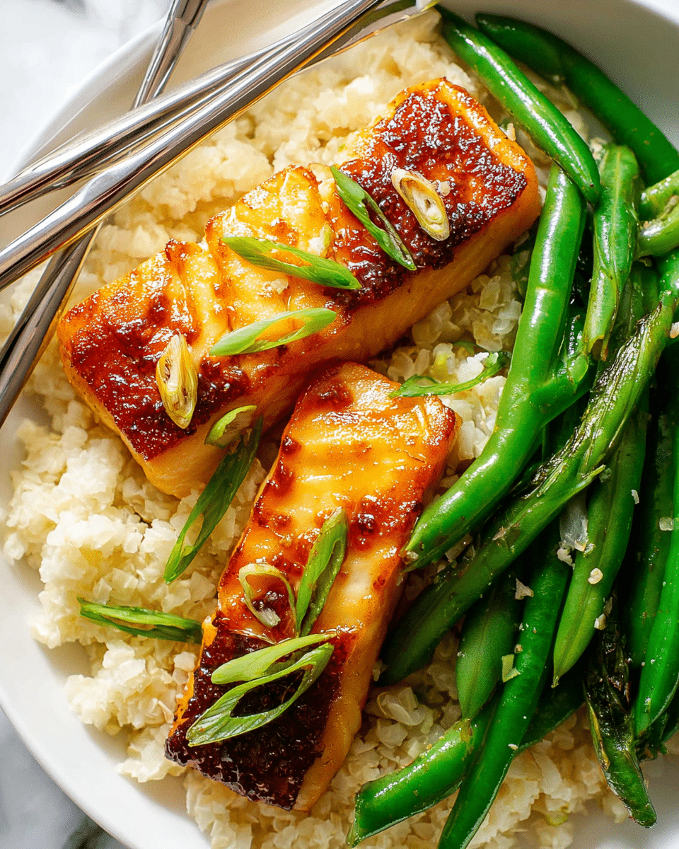 The image shows a white plate filled with a base layer of light, fluffy cauliflower rice, topped with vibrant green cooked green beans on the right side. On top of the rice and green beans are two rectangular pieces of golden brown glazed fish with a slightly charred, shiny surface, garnished with thin slices of bright green scallions scattered over the fish. A pair of metallic chopsticks rest diagonally on the plate. The background has a white marbled texture. photo taken with an iphone --ar 4:5 --v 7