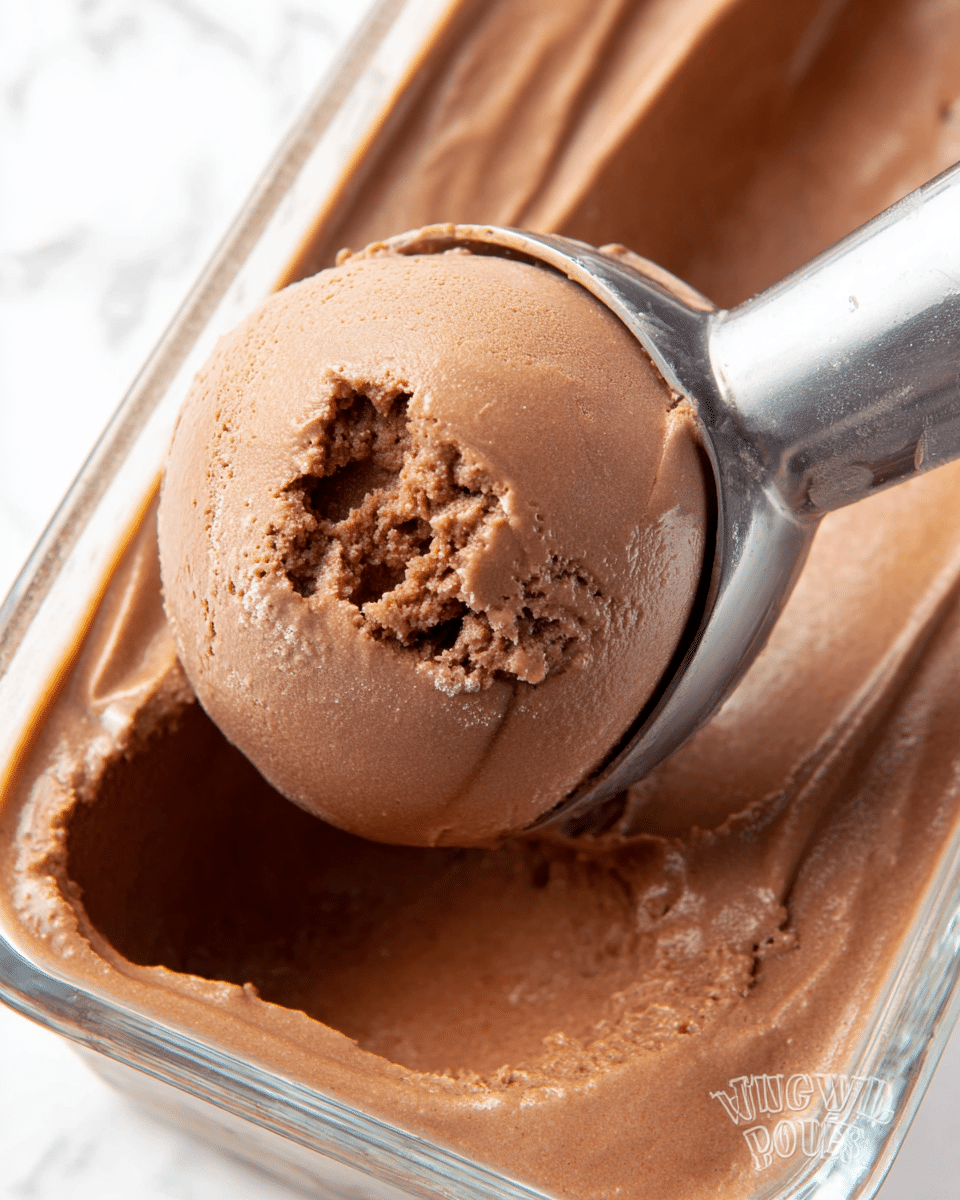 A close-up view shows a smooth, creamy scoop of chocolate ice cream being lifted from a rectangular glass container. The ice cream has a rich brown color with a slightly glossy texture reflecting light, and a few tiny ice crystals on the surface. The scoop is rounded and dense, with a small rough area where the ice cream has been broken away inside the metal ice cream scooper, which is shiny and silver. The container sits on a white marbled surface, enhancing the warm tones of the chocolate ice cream. photo taken with an iphone --ar 4:5 --v 7
