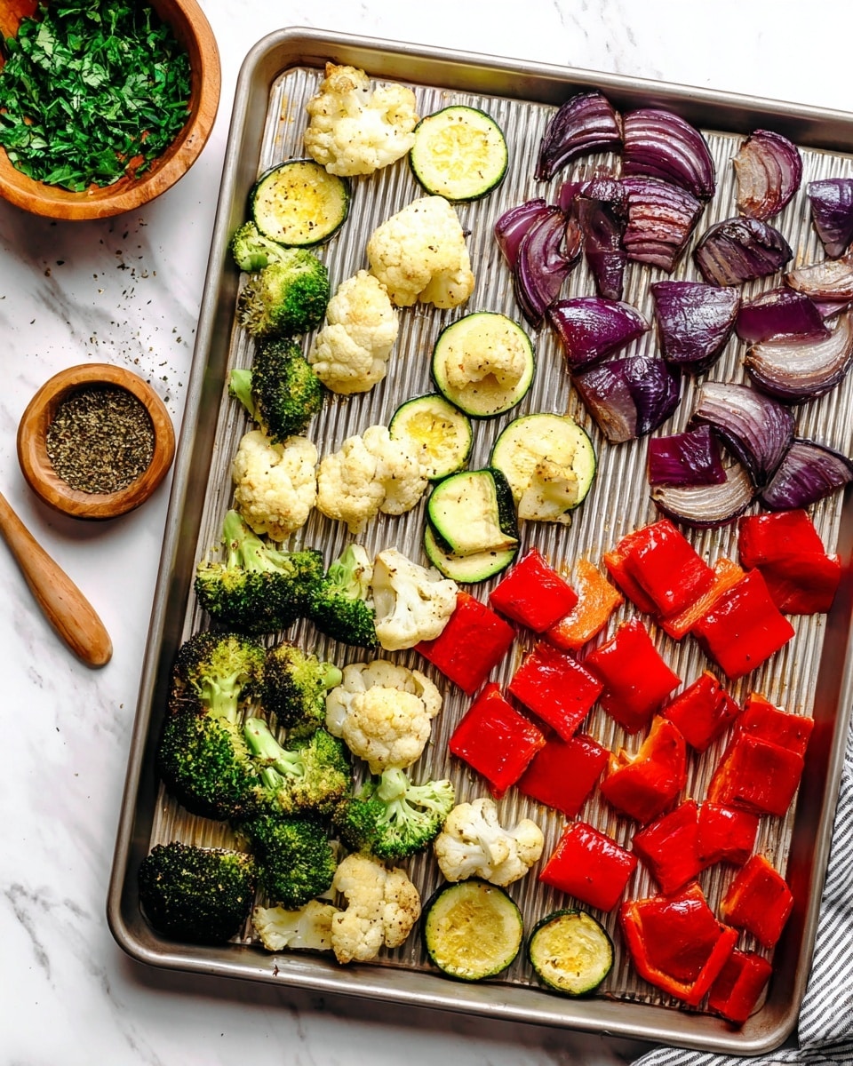 The image shows a baking tray filled with evenly spaced roasted vegetables. There are four main types layered side by side: bright green broccoli florets with slight browning at the edges, white cauliflower pieces with golden roasting marks, thick round slices of zucchini showing soft pale interiors with a dark green edge, chunky squares of red bell pepper with a glossy roasted texture, and rough chunks of purple onion. The tray is silver with a lined surface, and nearby there is a small white bowl filled with chopped green herbs and a wooden bowl containing ground pepper, all set on a white marbled surface. photo taken with an iphone --ar 4:5 --v 7