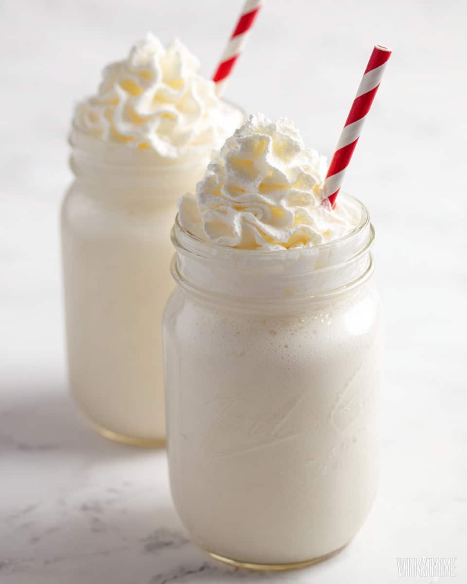 Two glass jars filled with creamy white milkshake, each topped with a swirl of white whipped cream showing a soft, fluffy texture. One jar is in the front and the other slightly blurred in the back. A red and white striped paper straw is placed in each jar, leaning at a slight angle. The jars sit on a white marbled surface, adding a clean and simple look to the image. photo taken with an iphone --ar 4:5 --v 7