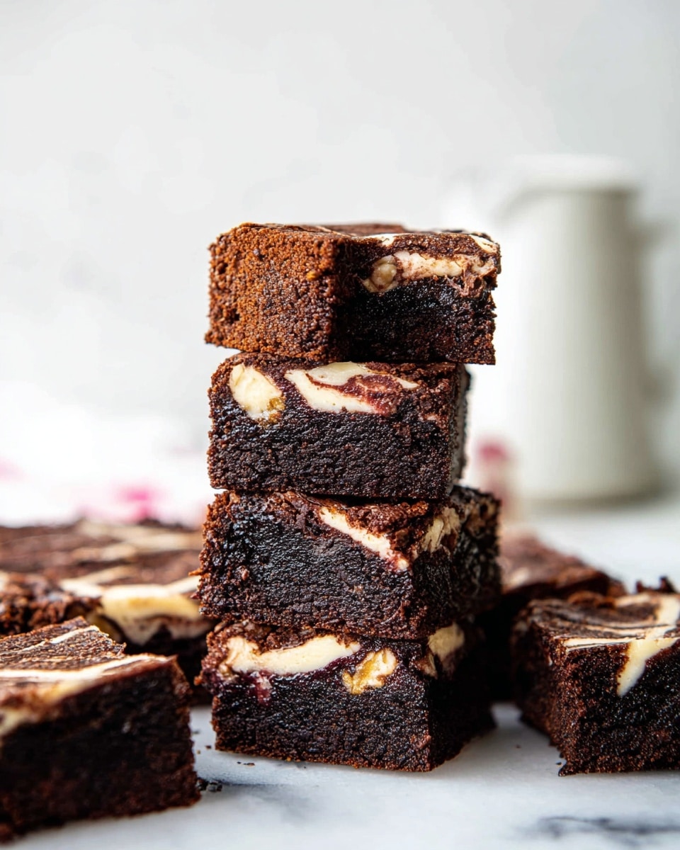 A stack of five dark brown brownies with a swirling creamy white layer running through the middle and top, showing a moist and slightly crumbly texture. The top brownie has a small bite taken out of it, revealing the rich and dense interior with chunks of walnuts inside. Around the stack, there are several more brownies lying flat, each showing the same two-layer pattern with dark chocolate and creamy white swirls. The brownies rest on a white marbled surface, with a soft, blurred background that includes a white pitcher. Photo taken with an iphone --ar 4:5 --v 7