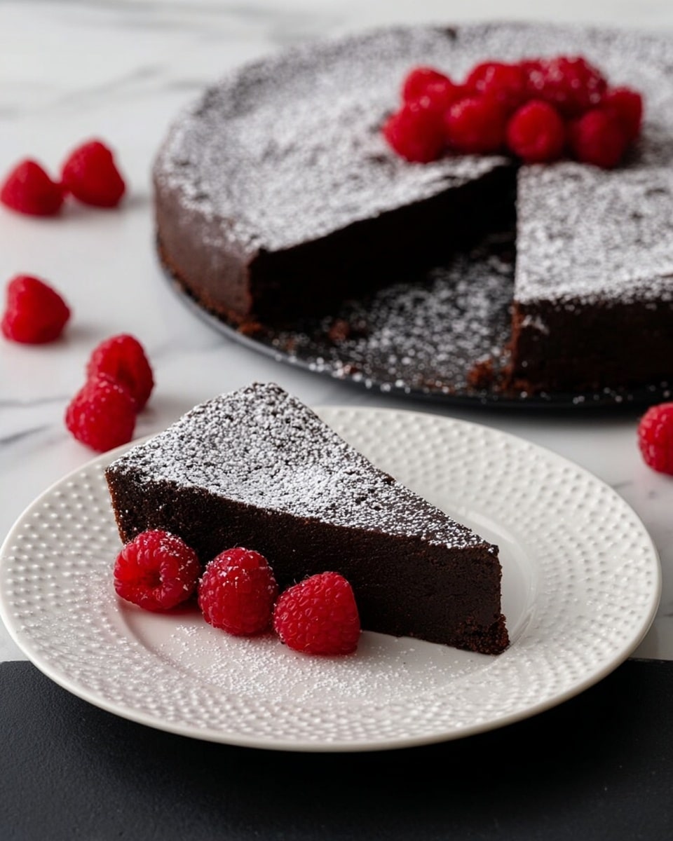 A single piece of dark chocolate cake dusted with white powdered sugar sits on a white plate with a dotted edge, accompanied by several bright red raspberries arranged at the wider end of the cake slice. The cake looks moist and dense with a smooth surface covered lightly with powdered sugar. In the background, a larger round chocolate cake with one slice removed is visible, also dusted with powdered sugar and surrounded by a few scattered raspberries. The scene is set on a white marbled surface creating a clean and simple contrast to the dark cake and red fruit. photo taken with an iphone --ar 4:5 --v 7