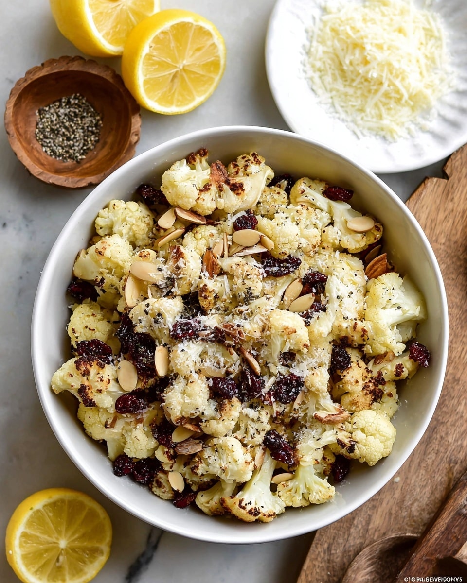 A white bowl is filled with roasted cauliflower pieces that have a lightly browned, crispy texture with some charred edges. Scattered throughout are small pieces of sliced almonds and dark red dried cranberries. On top, there is a sprinkling of grated cheese and cracked black pepper, giving a mix of white, light brown, and dark speckles across the cauliflower. The bowl is placed on a white marbled surface next to two half-cut yellow lemons, a small wooden bowl of cracked black pepper, and a white plate with more grated cheese. Photo taken with an iphone --ar 4:5 --v 7