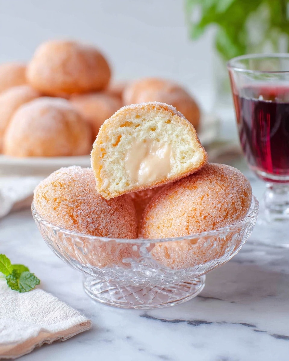 A glass bowl holds three round, peach-colored sponge cakes with a light sugary coating, one of which is cut open showing a creamy, pale yellow filling inside. The cakes have a soft, airy texture that contrasts with the smooth cream layer in the center. In the background, there is a white plate filled with whole peach cakes, slightly blurred, all placed on a white marbled surface. A glass of dark red liquid and a small green mint leaf are visible behind the bowl, adding color to the scene. Photo taken with an iphone --ar 4:5 --v 7