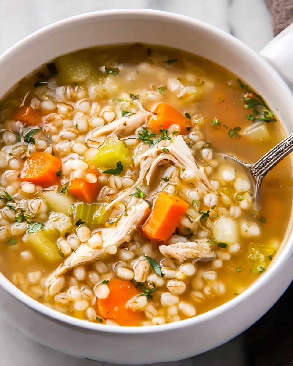 A large white bowl filled with soup showing visible layers of light brown broth mixed with small white barley grains, chunks of light orange carrot slices, green celery pieces, and shredded light beige chicken. A silver spoon is partly immersed in the soup on the right side, and the bowl is placed on a white marbled surface. Small bits of green herbs are sprinkled on top, adding a fresh touch to the soup. photo taken with an iphone --ar 4:5 --v 7