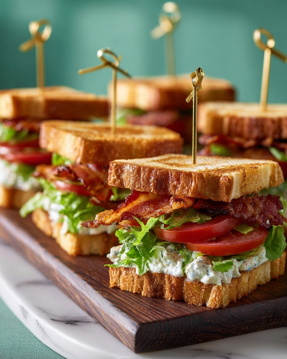 The image shows four club sandwiches arranged on a dark wooden board with a white marbled surface underneath. Each sandwich is made of three layers of toasted golden bread. The bottom layer has crispy green lettuce and sliced red tomato, the middle layer holds crispy bacon strips, and the top layer contains creamy white mayonnaise spread. The sandwiches are held together with small thin golden skewers with a loop on top. The background is a soft green color, and the overall look is fresh and appetizing. Photo taken with an iphone --ar 4:5 --v 7