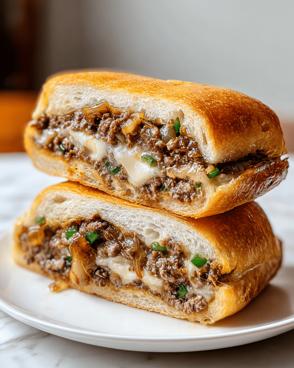 The image shows two halves of a sandwich stacked on a white plate, placed on white marbled texture. The sandwich has a golden brown crusty bread with a thick, soft interior. Inside, there are two visible layers: the bottom and top layers contain cooked ground meat mixed with sautéed onions and small green herbs, with melted cheese throughout that appears creamy and slightly stringy, melting into the meat mixture. The colors range from light brown bread, dark caramelized onions, green herbs, and white melted cheese. The sandwich halves are positioned close together, clear and detailed. Photo taken with an iphone --ar 4:5 --v 7