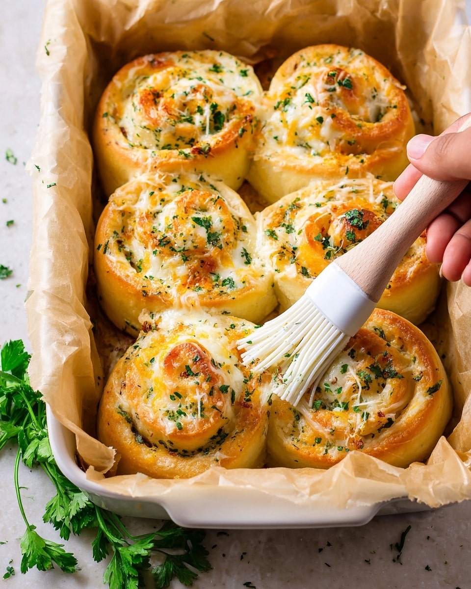 The image shows a white baking dish lined with light brown parchment paper, holding seven golden-brown crescent rolls with visible layers spiraled into three rings. Each roll has a soft, fluffy texture with patches of melted cheese in creamy yellow and white, speckled generously with chopped green herbs on top. A woman's hand is holding a brush with a white silicone head and a light wooden handle, gently spreading a glaze over one roll in the bottom right corner. There are fresh green parsley leaves scattered around the dish on a white marbled surface photo taken with an iphone --ar 4:5 --v 7
