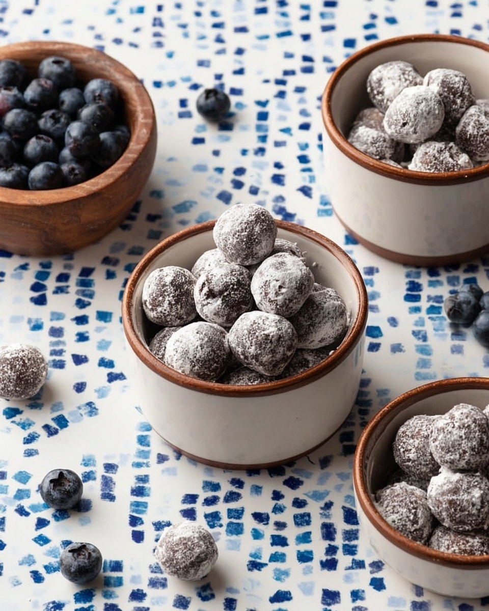 Three white bowls with brown rims are on a white marbled surface with a blue mosaic tile pattern. Each bowl is filled with small round chocolate balls covered in powdered sugar, giving them a lightly dusty look, and a few balls are outside the bowls on the surface. To the left, there is a small wooden bowl filled with dark blue blueberries, and a couple of loose blueberries are on the surface next to it. The scene shows a close-up view with soft natural light. photo taken with an iphone --ar 4:5 --v 7