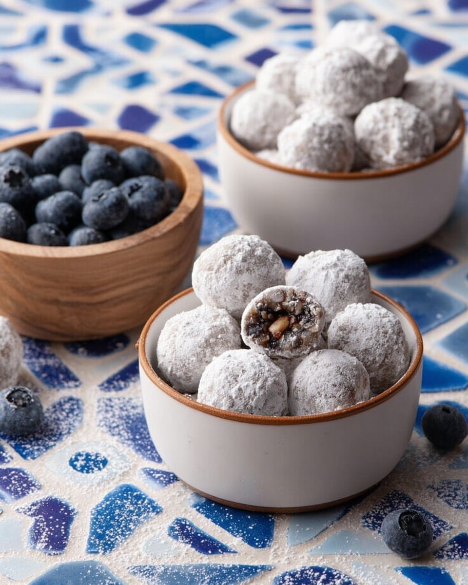 Three white bowls with brown rims are filled with small round treats covered in white powdered sugar, with one bowl in the front showing some treats with a bite taken out, revealing a dark chocolate and nut filling inside. There is a small wooden bowl filled with fresh blueberries to the left side of the image. The bowls are placed on a table with a white marbled texture over a blue and white mosaic pattern. A few powdered sugar-coated treats and blueberries are scattered around the bowls. Photo taken with an iphone --ar 4:5 --v 7