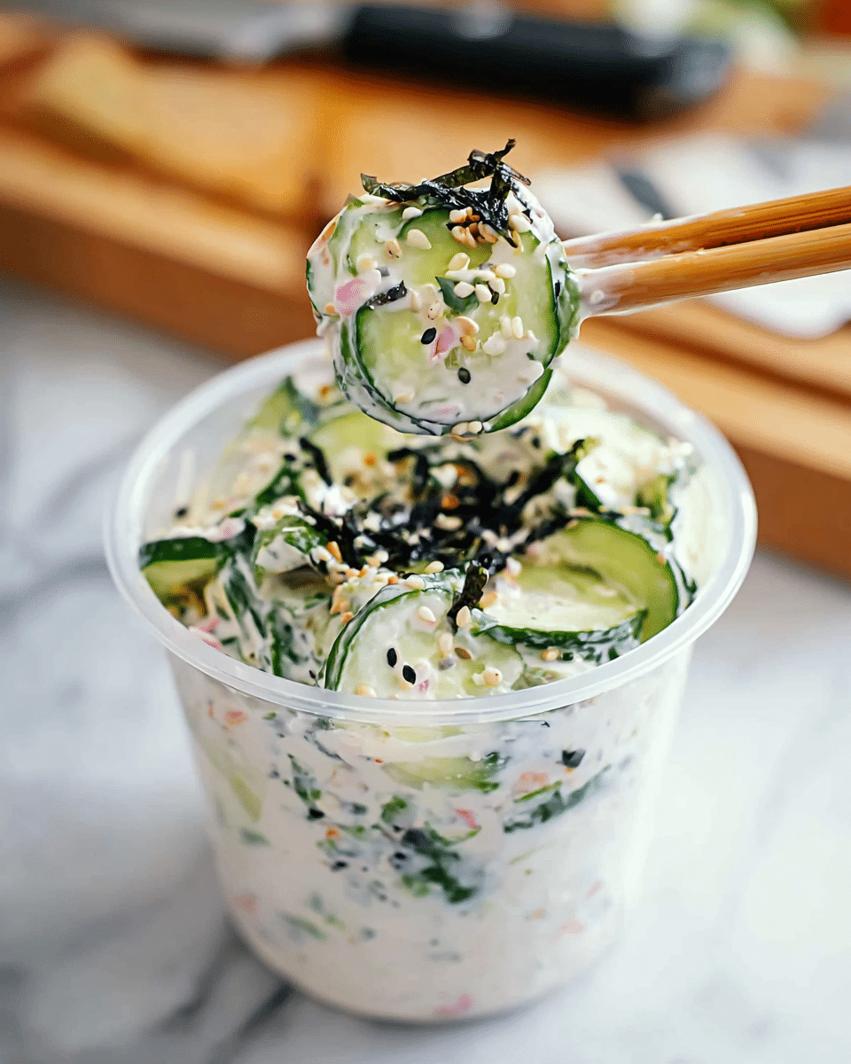 A clear plastic cup filled with a creamy salad featuring thin cucumber slices with dark green edges mixed into a white creamy base that has small pink, green, and black bits, giving it texture and color. The salad is topped with small sesame seeds in white and black colors, some black seaweed flakes are visible on top. A pair of wooden chopsticks is holding up a portion of the creamy salad above the cup. The background is a white marbled surface with a blurred cutting board and other kitchen items. photo taken with an iphone --ar 4:5 --v 7