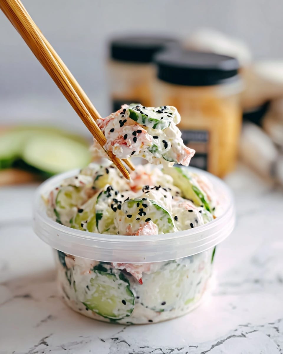 A clear white container filled with a creamy salad showing fresh cucumber slices and bits of pink crab or seafood mixed in a white creamy dressing. Black sesame seeds are sprinkled on top, adding contrast. A pair of light wooden chopsticks holds a bite of the salad above the container, showing the texture of creamy dressing, green cucumber, and black seeds. The background has a soft white marbled texture and blurred condiment jars with black lids. photo taken with an iphone --ar 4:5 --v 7