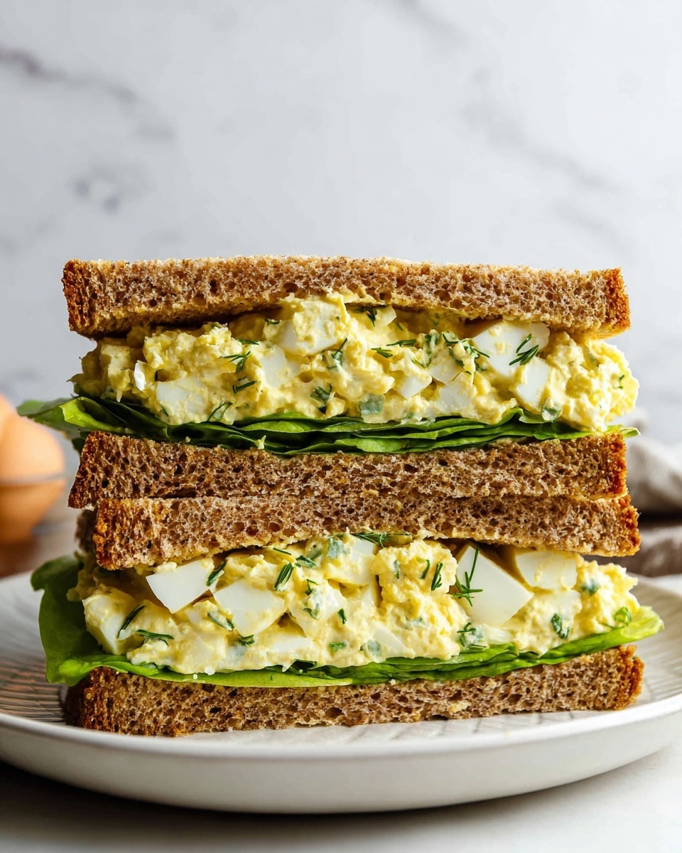 A sandwich cut in half stacked on a white plate with a white marbled background, showing two thick layers of egg salad filling mixed with small green herbs and mayonnaise inside brown whole grain bread slices, each layer separated by a green leaf of lettuce; the texture of the bread is soft and slightly crumbly, and the egg salad is chunky with visible pieces of hard-boiled egg whites and yolks. photo taken with an iphone --ar 4:5 --v 7