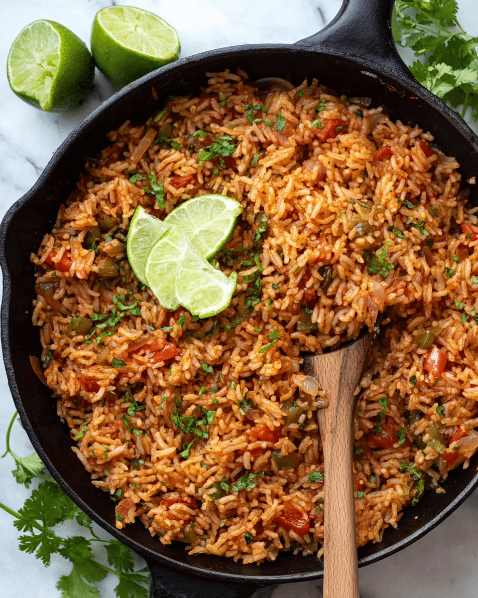 A close-up view of a black cast iron skillet filled with cooked reddish-brown rice mixed with small pieces of tomato, onion, and green herbs. A wooden spoon rests inside the skillet on the right side, slightly scooping the rice. On top, there are two thin slices of lime and a small sprig of fresh green cilantro. Around the skillet, some fresh cilantro leaves and two limes, one whole and one cut in half, are placed on a white marbled surface. The dish looks warm, seasoned, and freshly made. photo taken with an iphone --ar 4:5 --v 7