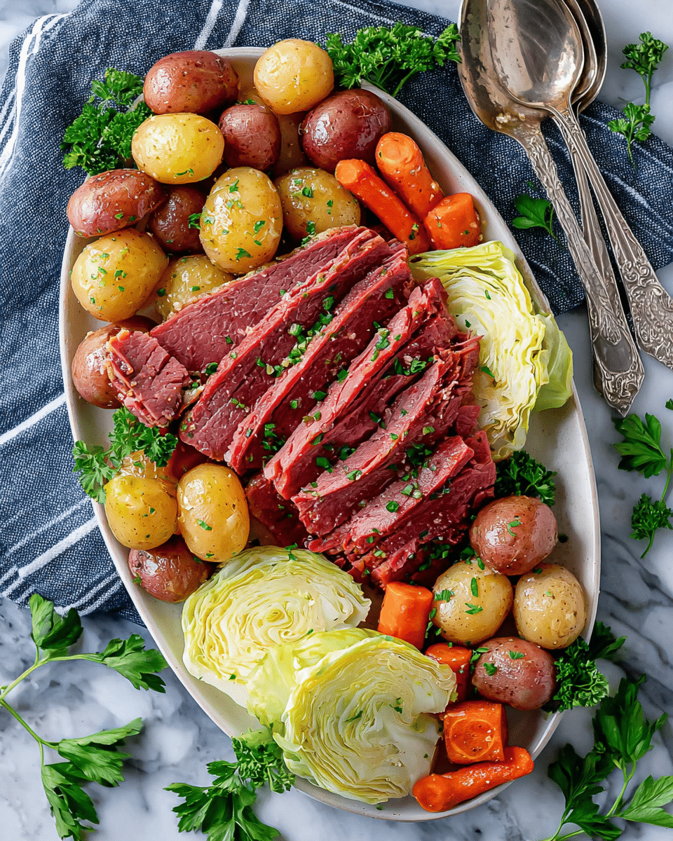 A large white oval plate holds a colorful meal arranged in layers. At the center, there are several thick slices of reddish-pink corned beef, showing a soft texture with some green herbs sprinkled on top. Surrounding the meat, small round potatoes in brown and yellow colors with a glazed, shiny look mixed with pieces of bright orange carrots. On one side of the plate, there are two wedges of pale green cabbage, lightly steamed with a slight shine and bits of herbs. Fresh green parsley leaves are placed around the edges for decoration, and two ornate silver serving spoons rest on a blue striped cloth near the top right of the plate. The whole setting is on a white marbled surface with some loose parsley leaves scattered nearby. photo taken with an iphone --ar 4:5 --v 7