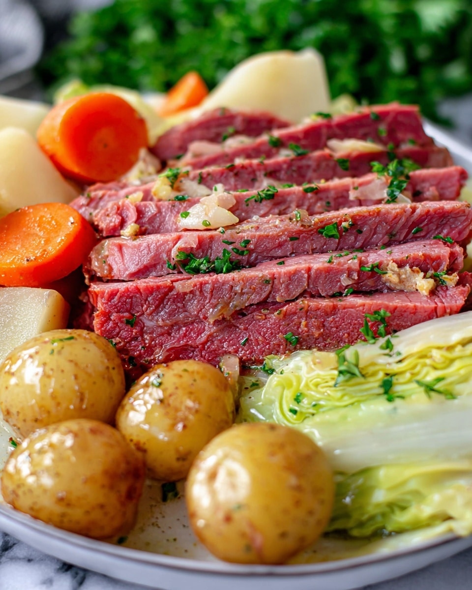 A close-up of a white plate filled with several layers of sliced corned beef in the center, showing a pinkish-red color and tender texture with bits of parsley on top. Surrounding the beef are small round golden potatoes with a shiny coating and herbs, bright orange cooked carrot pieces, and tender light green cabbage leaves. The food sits on a white marbled surface with some green parsley leaves blurred in the background. photo taken with an iphone --ar 4:5 --v 7