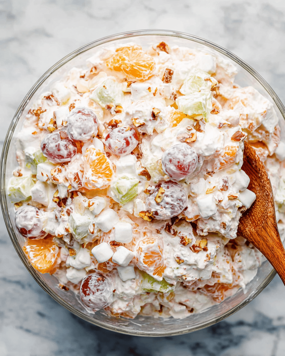A white bowl filled with a colorful fruit salad, showing a creamy white base mixed with various fruit pieces and small white marshmallows. On the top layer, bright red cherries, orange mandarin segments, yellow pineapple chunks, and bits of green celery are spread mixed with shredded white coconut and small pieces of brown pecans. The texture looks soft and creamy with some crunch from the nuts. The bowl is placed on a white marbled surface. photo taken with an iphone --ar 4:5 --v 7