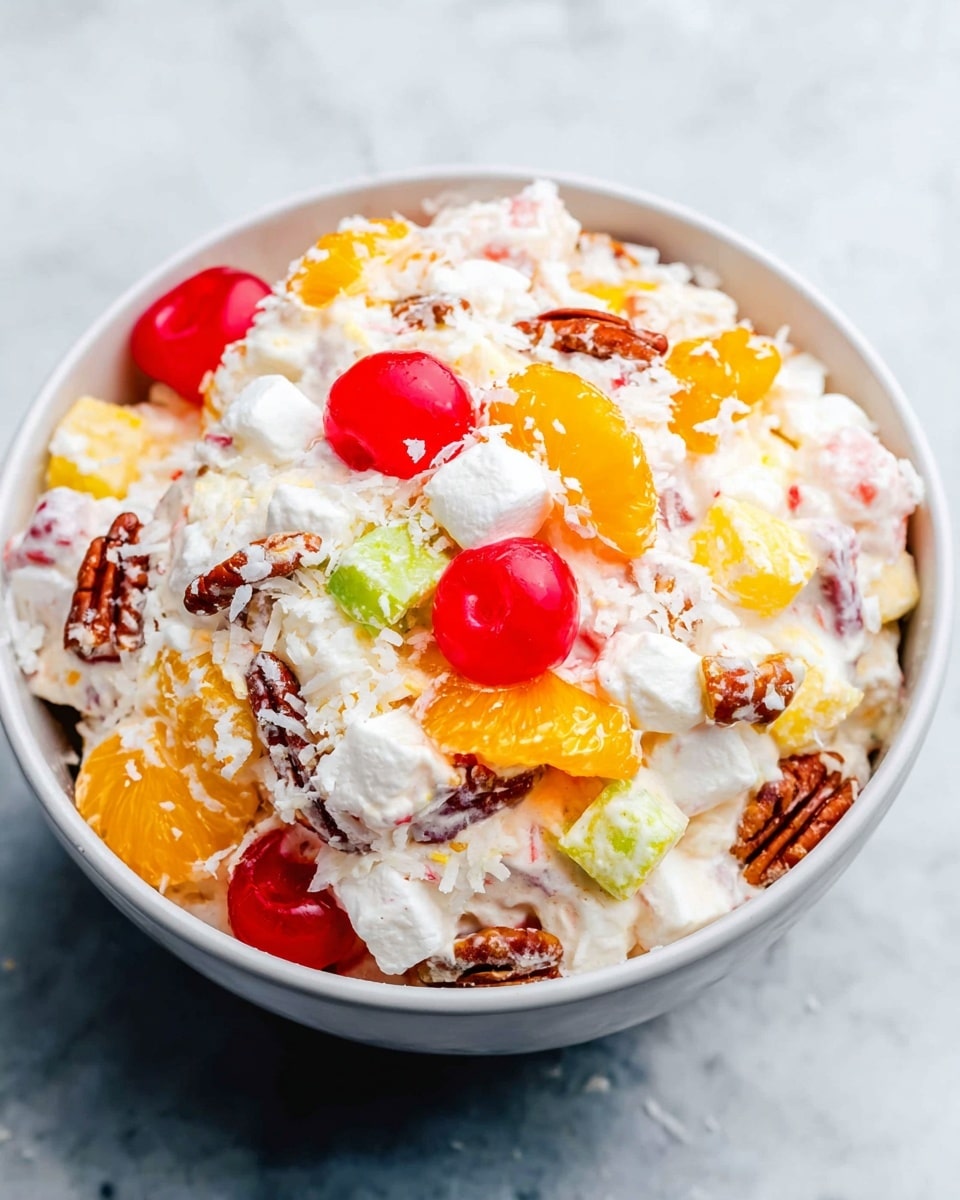 A clear glass bowl filled with a fluffy, creamy mixture layered with chunks of light orange mandarin oranges, pale green celery pieces, bright red grapes, finely chopped brown nuts, and white marshmallows, all coated in a white creamy dressing that has a slight pink tint. A wooden spoon is partially submerged on the right side, lifting some of the thick, textured salad. The bowl is placed on a white marbled surface, showing a vibrant mix of colors and creamy textures throughout the dish photo taken with an iphone --ar 4:5 --v 7