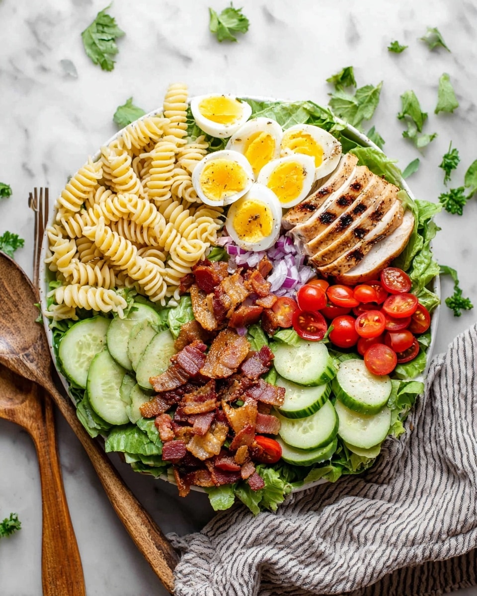 A white bowl sits on a white marbled surface filled with a colorful layered salad. The base is made of green leafy spinach with some purple cabbage peeking through. At the front and center, there are slices of hard-boiled eggs with bright yellow yolks and white edges, sprinkled lightly with black pepper. To the left of the eggs, there are several slices of fresh green cucumber with visible seeds. Above the cucumber, small beige spiral pasta is spread in a loose pile. Cherry tomato halves, bright red and juicy, are positioned near the pasta with some diced light green cucumbers mixed in. On the right side, there are grilled, golden-brown chicken slices with visible grill marks, next to dark brown, slightly crispy cooked meat slices. The background shows a striped cloth with a wooden rolling pin. photo taken with an iphone --ar 4:5 --v 7