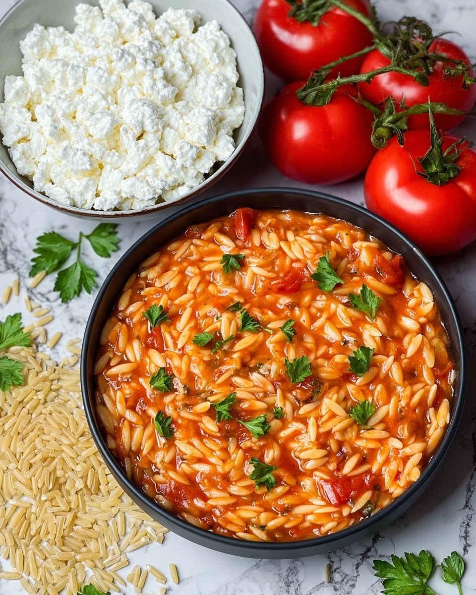 A round black bowl holds a tomato orzo dish with small rice-shaped pasta covered in a bright orange-red sauce mixed with tomato chunks, topped with small green parsley leaves scattered lightly all over. Next to the bowl, a white bowl filled with fluffy white cottage cheese is placed, and behind this are several bright red tomatoes on green vines. Around the bowl, uncooked orzo pasta grains and some extra parsley leaves are scattered on a white marbled surface. photo taken with an iphone --ar 4:5 --v 7