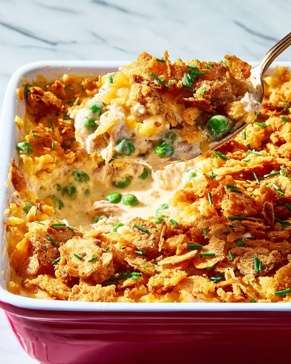 A white square baking dish filled with a creamy casserole that has a crunchy golden-brown topping made of crushed crackers and chives. The casserole has visible layers with a crispy top layer, underneath is a thick creamy mixture with peas and bits of chicken, creating a soft, smooth texture with green and light tan colors. A spoon is lifting a portion of the casserole showing the thick cream and vegetable filling held together under the crunchy topping. The background is a white marbled texture. photo taken with an iphone --ar 4:5 --v 7