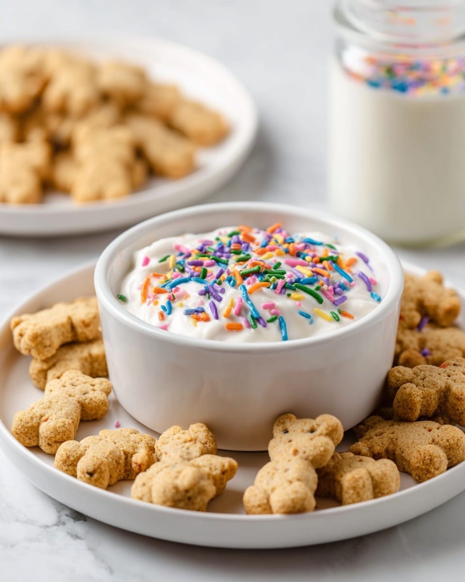 The image shows a white round plate filled with small teddy bear-shaped cookies with a light brown color and a slightly crumbly texture. In the center of the plate, there is a white bowl filled with creamy white dip topped with colorful, long sprinkle toppings in shades of blue, purple, orange, green, pink, and yellow. In the background, there is another white round plate with more teddy bear cookies and a glass jar of milk placed on a white marbled surface. The focus is mainly on the bowl and teddy bear cookies in the front. photo taken with an iphone --ar 4:5 --v 7