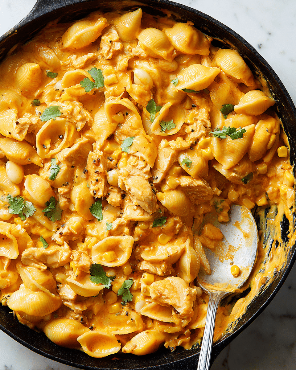 This image shows a close-up view of a creamy pasta dish in a black skillet on a white marbled surface. The dish has one main visible layer of shell pasta with a smooth, thick orange-yellow cheese sauce coating it evenly. Mixed in are small chunks of chicken, pieces of corn, and white beans, all covered in sauce. Small green cilantro leaves are scattered on top, adding a touch of freshness and color contrast. A metal spoon is scooping some of the pasta on the right side, with sauce clinging to it. The texture looks soft and creamy with some small browned spots where the sauce may have cooked slightly photo taken with an iphone --ar 4:5 --v 7