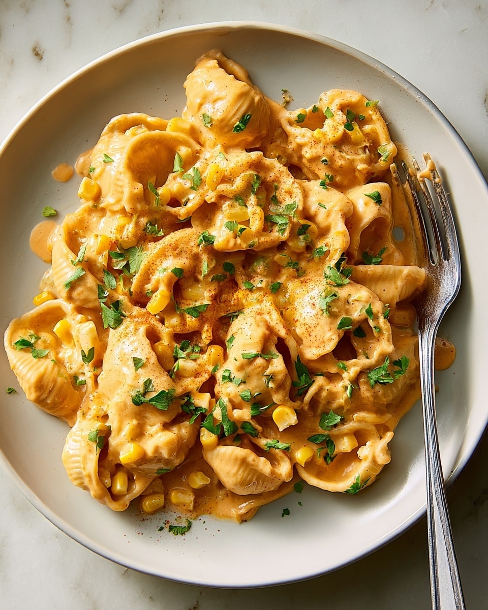 A white plate filled with several layers of pasta shells covered in a creamy orange sauce. The pasta is scattered with small pieces of yellow corn and finely chopped green herbs on top. The sauce has a smooth, slightly thick texture draped over each shell. A silver fork rests on the right side of the plate. The plate sits on a white marbled surface. Photo taken with an iphone --ar 4:5 --v 7