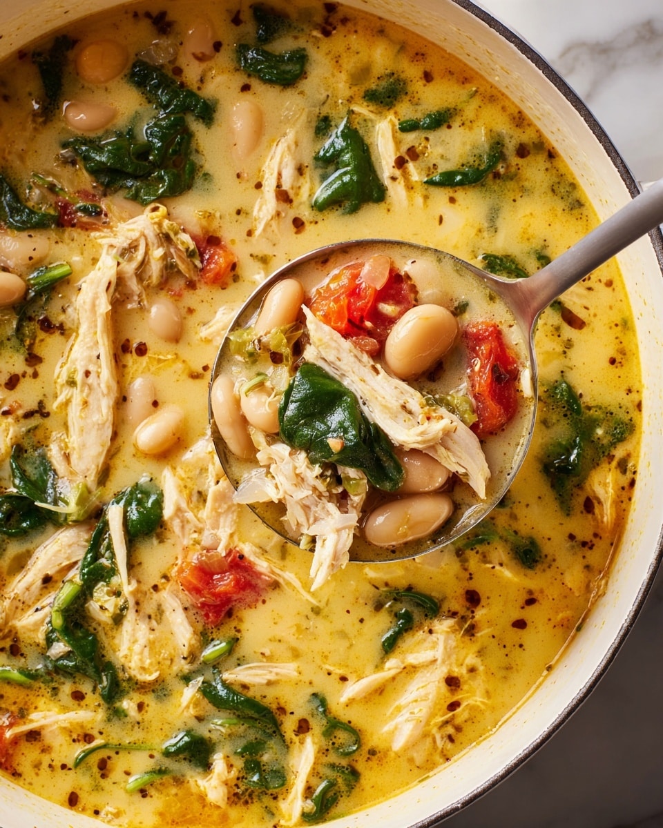 The dish shows a creamy, yellow-orange soup with visible shredded white chicken pieces spread throughout, soft white beans scattered over the surface, bright green spinach leaves floating in the mix, and small chunks of red tomato. The soup has a smooth texture with herbs and spices lightly sprinkled throughout, giving it a speckled appearance. The close-up view fills the frame with the rich broth and its various ingredients, all resting on a white marbled background. photo taken with an iphone --ar 4:5 --v 7