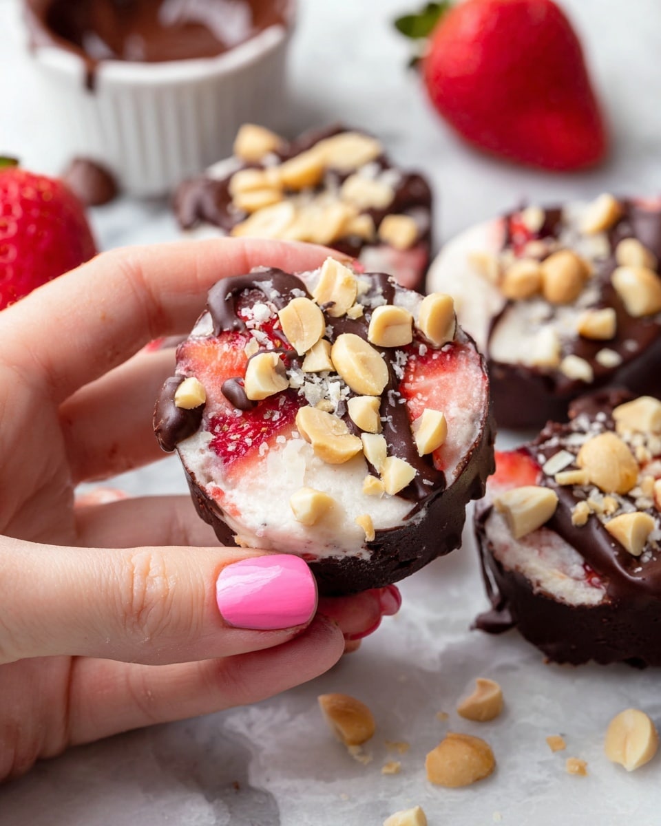 A close-up of a small round frozen treat held by a woman's hand with pink nails, showing three main layers: a bottom dark chocolate base, a middle layer of white yogurt or cream with pieces of red strawberry and light yellow banana embedded in it, and chopped light brown peanuts sprinkled on top and partly around the edges. In the background, more similar treats covered in dark chocolate and peanuts sit on a white marbled surface, along with a halved fresh red strawberry, and a white bowl filled with melted dark chocolate. Photo taken with an iphone --ar 4:5 --v 7