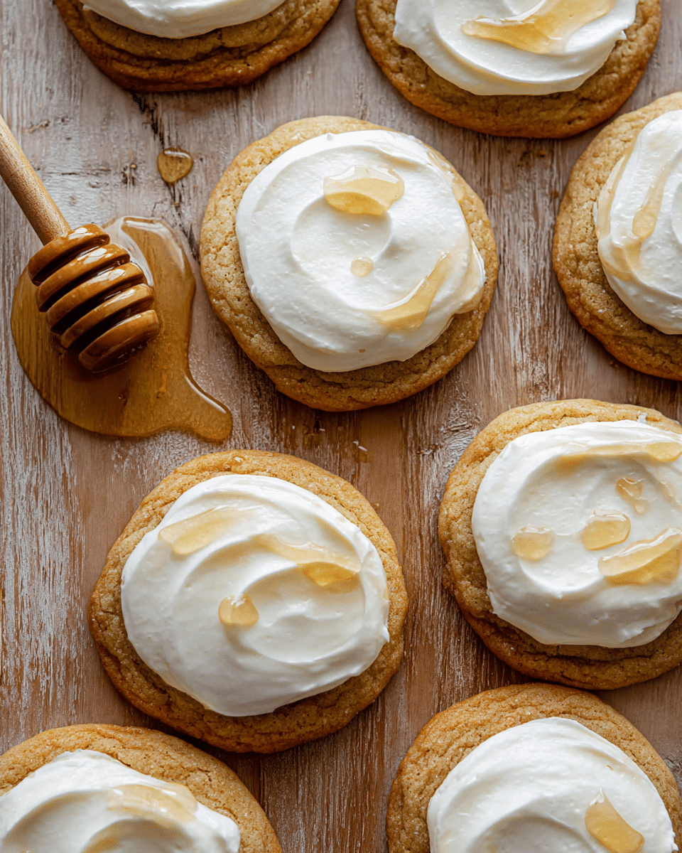 A group of soft, thick cookies with a light golden-brown base are arranged on a wooden surface replaced by a white marbled texture. Each cookie has one layer of smooth, creamy white frosting spread unevenly on top, giving a soft and fluffy texture, and is lightly drizzled with a thin layer of golden honey that glistens under the light. A wooden honey dipper with honey traces lies near the cookies, adding to the natural look of the setup. The scene is close-up, showing the fine crumb texture of the cookies and the glossy shine of the honey. photo taken with an iphone --ar 4:5 --v 7