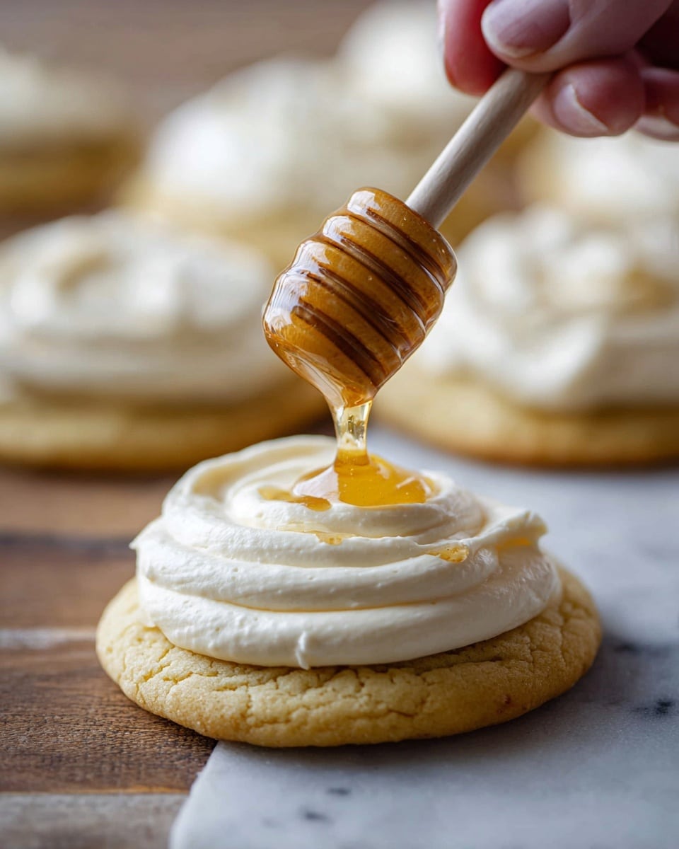 A close-up view of a light golden, round cookie with a soft texture, topped with a thick, creamy layer of white frosting that is swirled smoothly on top. Above the cookie, a woman's hand holds a wooden honey dipper, dripping a small, shiny stream of amber honey onto the frosting. In the blurred background, more cookies with similar frosting are laid on a white marbled surface. photo taken with an iphone --ar 4:5 --v 7