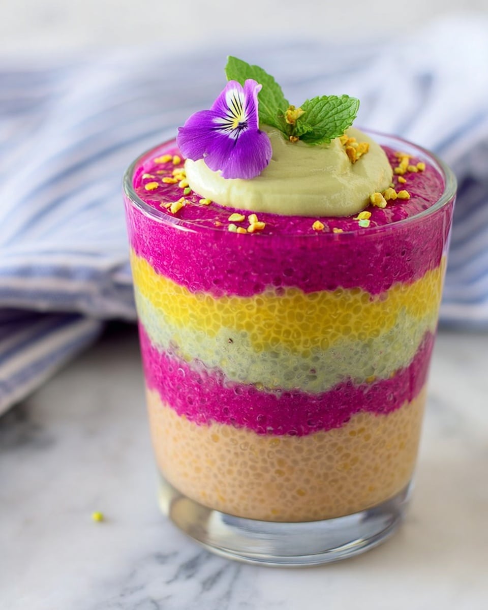 A clear glass cup holds a colorful layered chia pudding dessert with five visible layers. From bottom to top, the first layer is a smooth light brown color, followed by a bright magenta chia layer, then a pale green creamy layer, next a thick yellow chia layer, and on top is a vibrant magenta chia layer that spills slightly over the yellow one. The top magenta layer is decorated with a dollop of pale green cream, a small purple flower, a fresh green mint leaf, and tiny yellow seeds scattered lightly. The cup is set on a white marbled surface with a soft blue and white striped cloth in the background. photo taken with an iphone --ar 4:5 --v 7