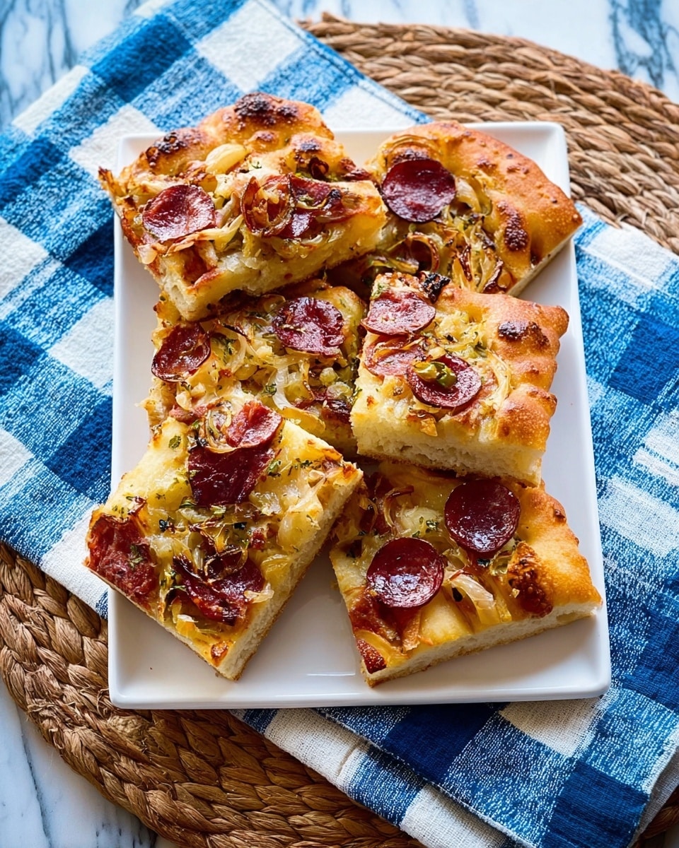 The image shows a white rectangular plate holding seven pieces of focaccia bread arranged casually. Each piece has a golden-brown crust and a light, fluffy texture. The focaccia is topped with various ingredients layered clearly: thin round slices of dark red pepperoni scattered on top, melted light yellow cheese, and small bits of cooked onion with a slightly caramelized look. The plate is placed on a white marbled surface with a blue and white checkered cloth and a woven mat partly visible underneath. Photo taken with an iphone --ar 4:5 --v 7
