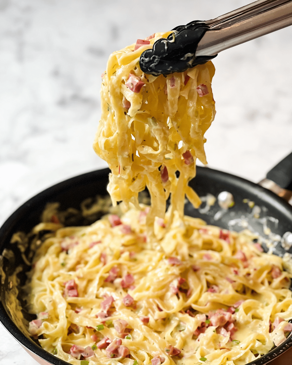 The image shows a close-up of creamy pasta being lifted by silver tongs with black silicone tips above a black frying pan. The pasta strands are flat and wide, coated with a rich, pale yellow sauce mixed with small bits of pink ham and green flecks, giving it a creamy and slightly chunky texture. The pasta inside the pan pools with the same creamy sauce and diced ham pieces scattered throughout. The background is a white marbled surface, creating a soft, bright contrast to the cooked dish. photo taken with an iphone --ar 4:5 --v 7