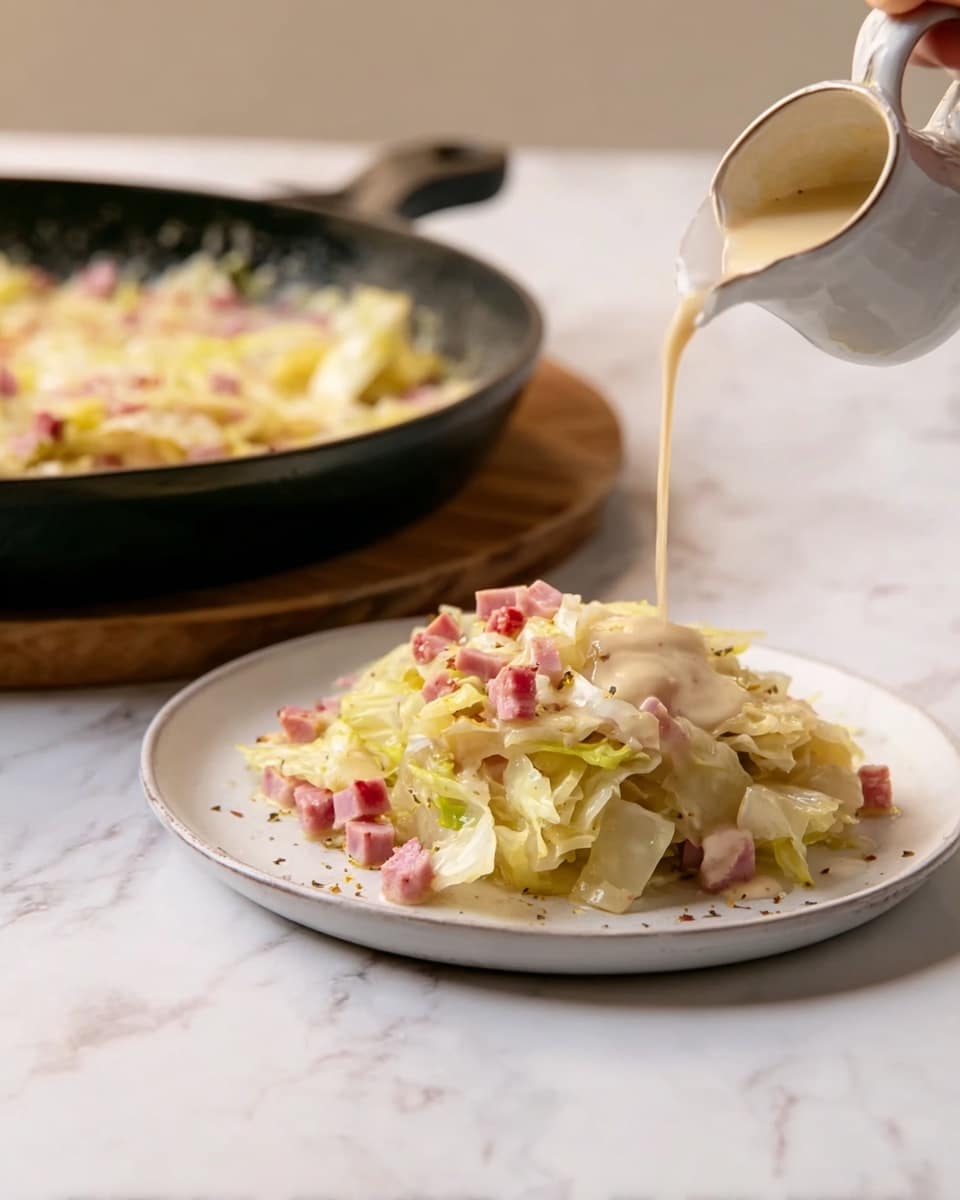 A white plate holds a single layered serving of creamy cooked cabbage mixed with small pink bits of diced ham, showing a soft, slightly shiny texture with pale green and light yellow cabbage pieces. A small white jug pours a smooth, light beige sauce over the cabbage, adding a shiny liquid layer on top. In the background, a black pan filled with the same creamy cabbage and ham mixture sits on a wooden board against a white marbled surface. photo taken with an iphone --ar 4:5 --v 7