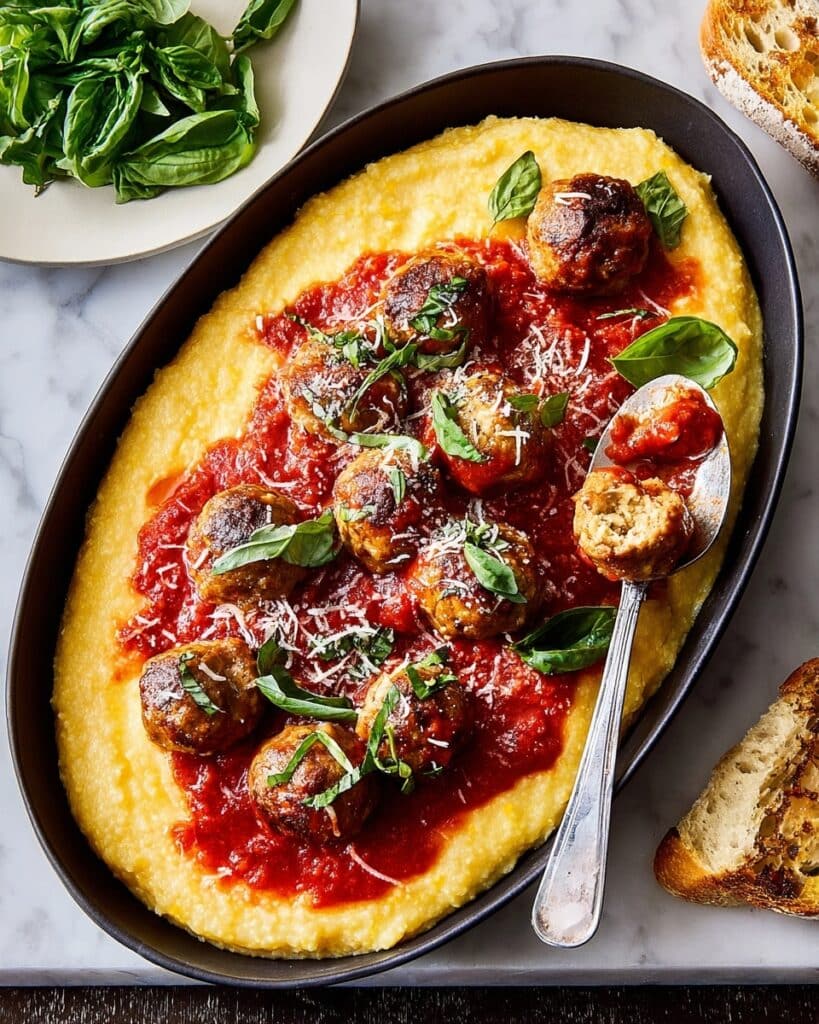Creamy Polenta with Savory Meatballs in Tomato Sauce Recipe