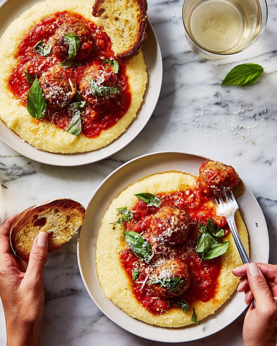 Two white plates sit on a white marbled surface, each with a layer of creamy, pale yellow polenta spread evenly as the base. On top of the polenta are three round, brownish meatballs per plate, covered generously with bright red tomato sauce. Fresh green basil leaves and a light sprinkle of grated white cheese are scattered on top. Each plate has a slice of golden-brown toasted bread resting on the side. A woman's hand holds a fork lifting one meatball from the plate on the left. A clear glass with a light-colored drink is partially visible near the top right corner. photo taken with an iphone --ar 4:5 --v 7