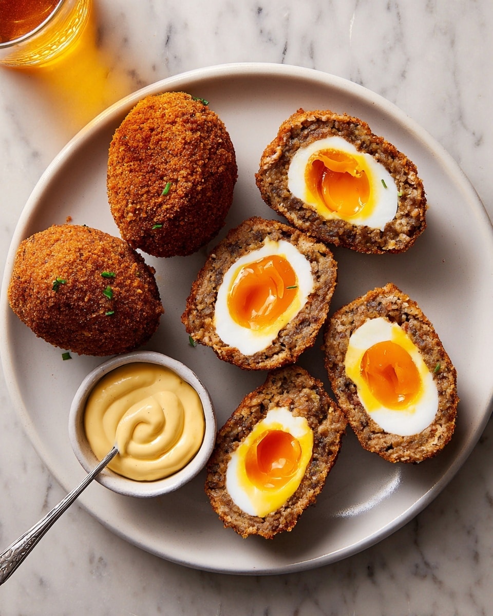 A white plate holds six Scotch eggs, three of them whole with a golden-brown, crispy outer layer, and three cut in half showing a soft-boiled egg inside with a bright orange yolk surrounded by a white layer and a thick crumb-coated ground meat layer in browns and specks of herbs; to the side is a small white bowl filled with creamy, smooth mustard sauce with a silver spoon inside it, all placed on a white marbled surface. photo taken with an iphone --ar 4:5 --v 7