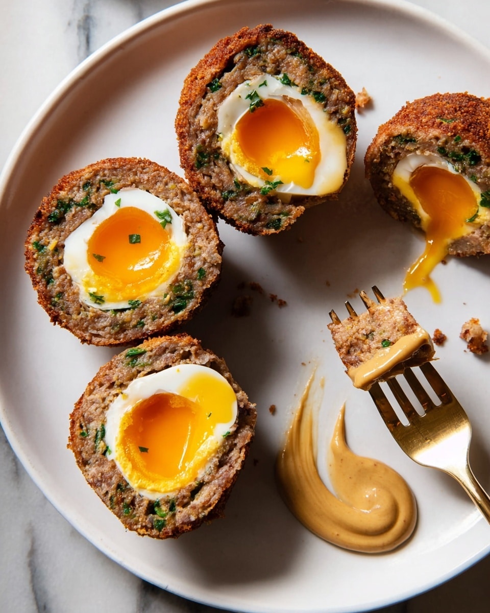 The image shows a white plate with four halves of Scotch eggs, each with three visible layers: the outer crispy brown breadcrumb crust, a middle layer of seasoned minced meat with green herbs mixed in, and a smooth, soft-boiled egg inside with a bright orange yolk and firm white. One half is held by a gold fork, showing a dollop of light brown mustard mustard sauce with a smooth texture next to it on the plate. The plate sits on a surface with a white marbled texture, and small crumbs are scattered around the Scotch eggs. photo taken with an iphone --ar 4:5 --v 7