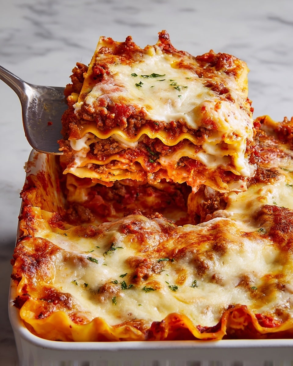 A slice of lasagna is being lifted from a white baking pan with a metal spatula, showing multiple layers: thin orange-brown pasta sheets layered with bright red tomato sauce mixed with meat and herbs, a middle layer of creamy white cheese, and melted, slightly browned cheese on top. The edges of the pasta are crispy and browned, adding texture. The lasagna sits on a white marbled surface, and the golden melted cheese glistens under soft light. photo taken with an iphone --ar 4:5 --v 7