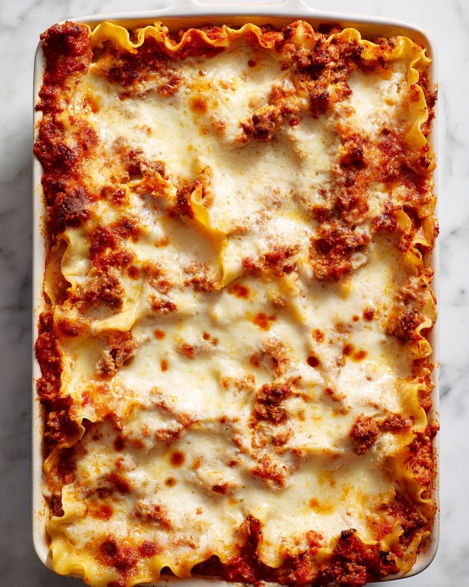 The image shows a close-up of a baked lasagna in a white rectangular dish. It has multiple layers visible from the top: a base layer of red tomato sauce with bits of meat, followed by wide, flat yellow noodles that appear soft and slightly curled at the edges. Over the noodles, there are thick, melted white cheese layers covering most of the surface with some golden-brown spots from baking. The edges of the lasagna are slightly crispy and darker in color. The dish is placed on a white marbled surface. photo taken with an iphone --ar 4:5 --v 7