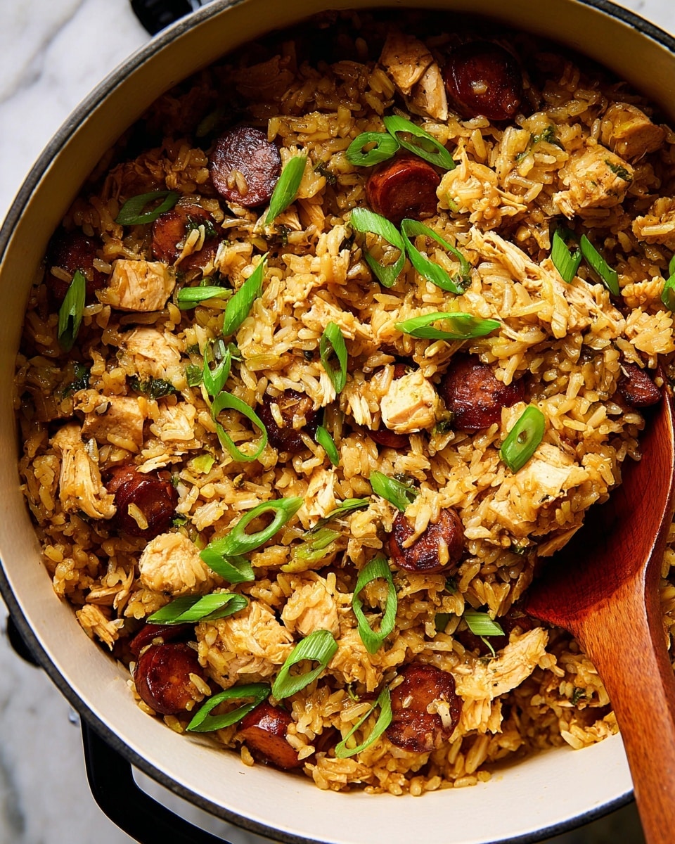 A close-up view of a white pot filled with a cooked rice dish featuring golden-brown seasoned rice mixed with chunks of light brown shredded chicken and dark reddish-brown sliced sausage. Bright green slices of scallion are scattered on top, adding pops of color. A wooden spoon is partially buried on the right side, stirring the ingredients, while the background is a white marbled texture. The textures of the rice appear soft and fluffy, and the meat pieces are evenly distributed throughout the pot. Photo taken with an iphone --ar 4:5 --v 7